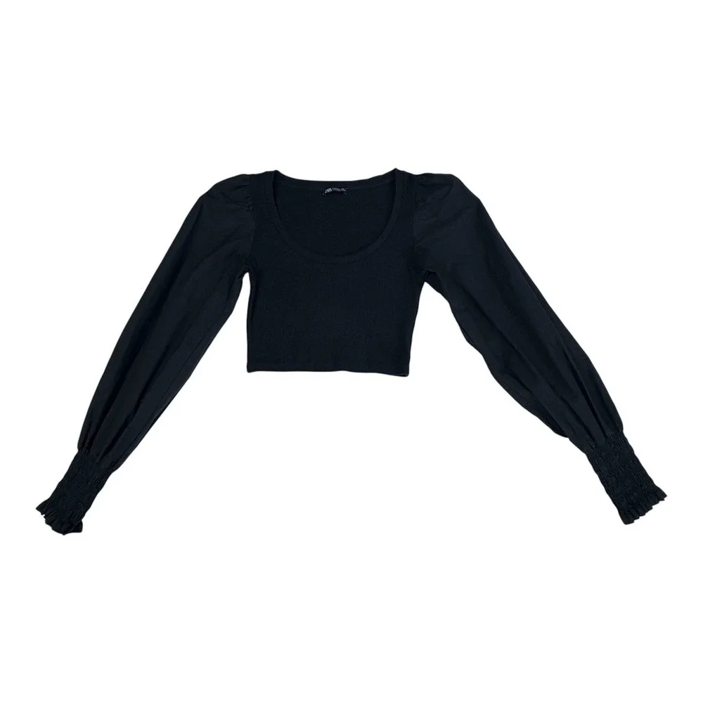Zara Puff Sleeve Ribbed Knit‎ Crop Top Coquette Romantic Minimalist Chic M